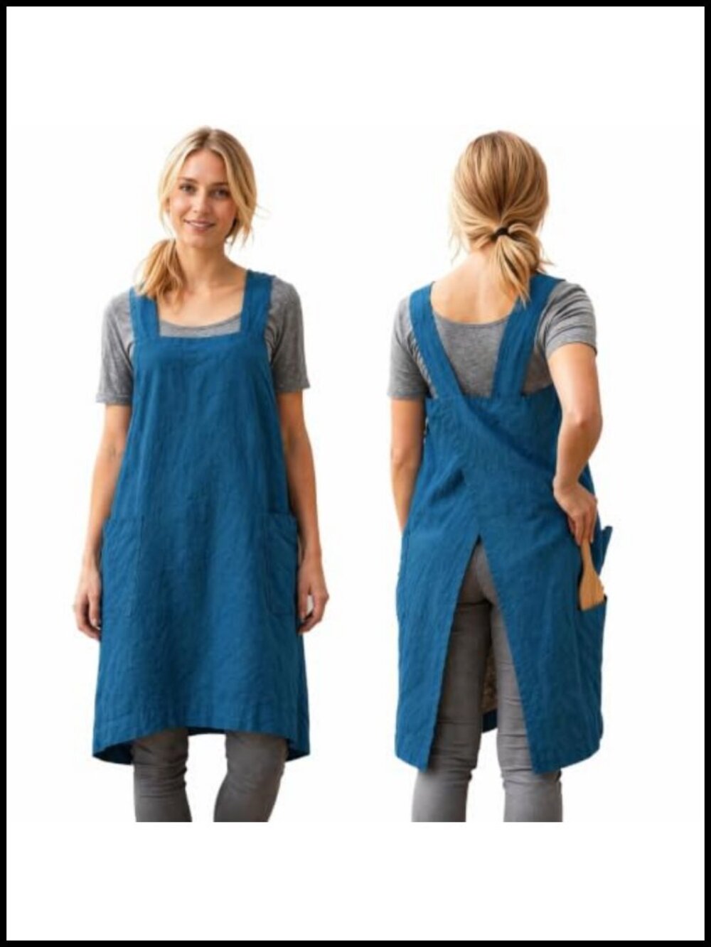 Cross Back Linen Cotton Apron with Pockets Plus Size Knee-Length Kitchen Crafts